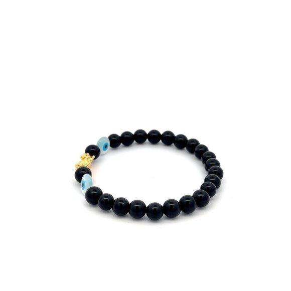 18K Gold Dragon Pixiu Piyao Lucky Charm Bracelet Gemstones Onyx 6mm Evil Eye - Picture 3 of 5